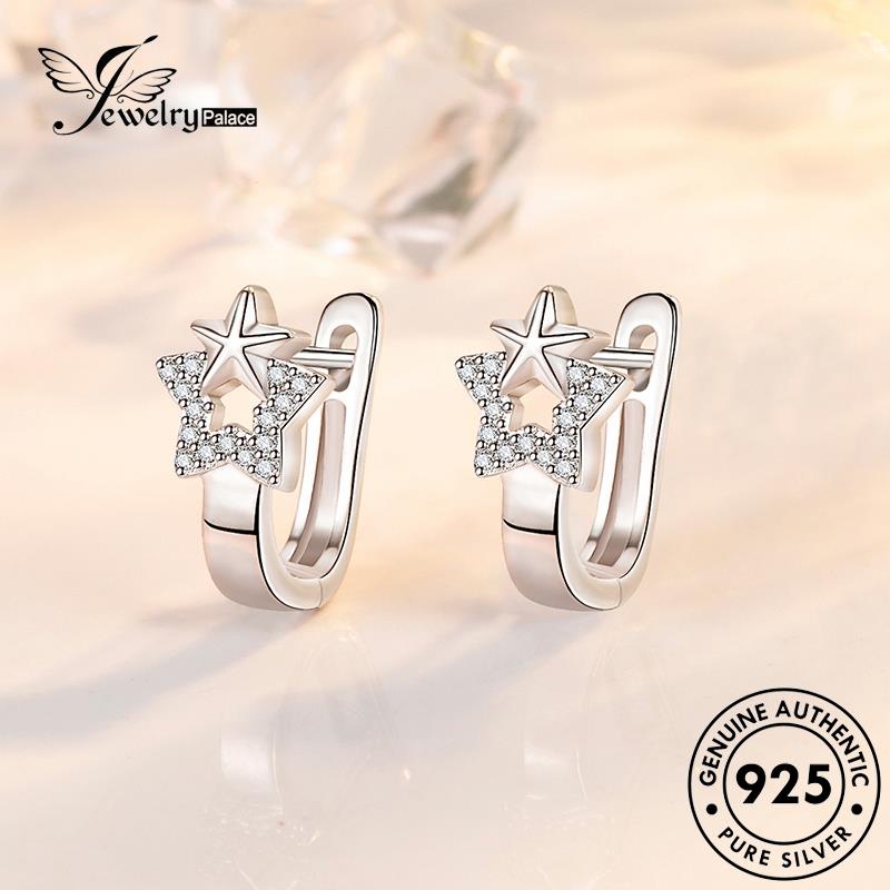 Jewelrypalace Hoop Moissanite Berujung Lima Asli925 Anting Perak Fashion Berlian Bintang Wanita E693