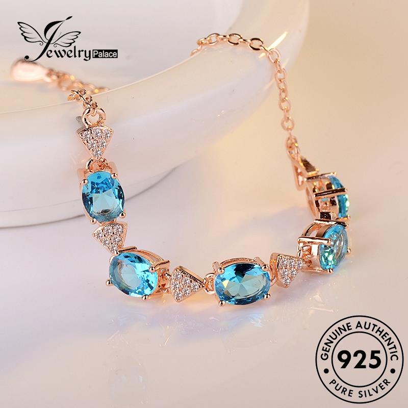 Jewelrypalace Gelang Perak Wanita Asli Lapis Emas925 Kotak Aquamarine B17