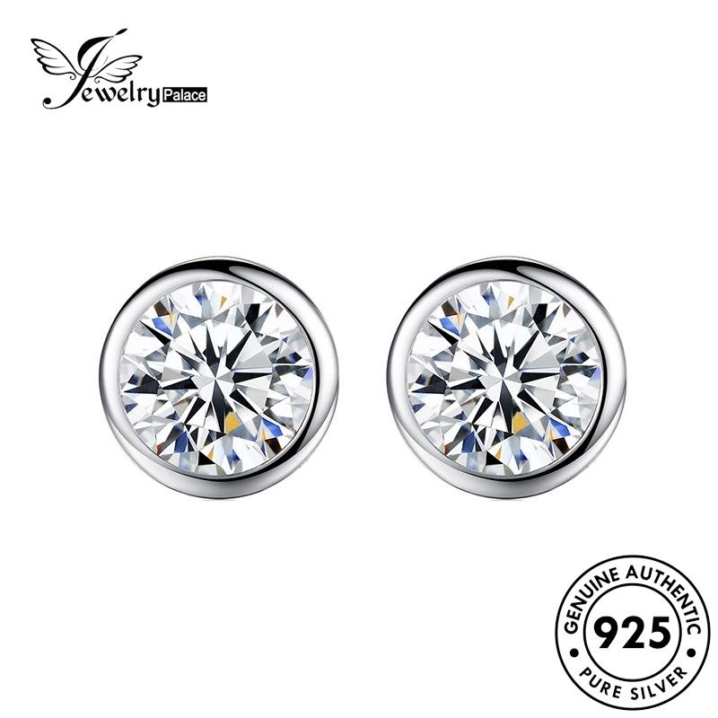 Jewelrypalace Silver Stud Berlian Asli Moissanite Solitaire Wanita925 Setting Anting Bezel E149