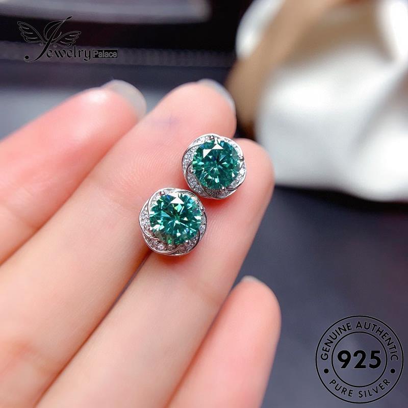 Jewelrypalace925 Anting Giwang Wanita Bulat Zamrud Stud Perak Asli E817