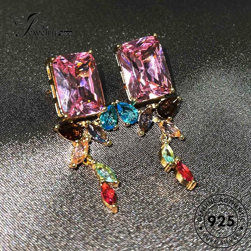 Jewelrypalace Berlian Pink Geometris Stud Wanita Anting Emas925 Perak Tidak Teratur Kristal Asli E843