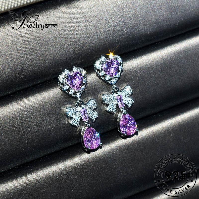 Jewelrypalace Perak Asli Wanita Kristal Berlian Busur Pink Anting Tusuk Dasi925 E924