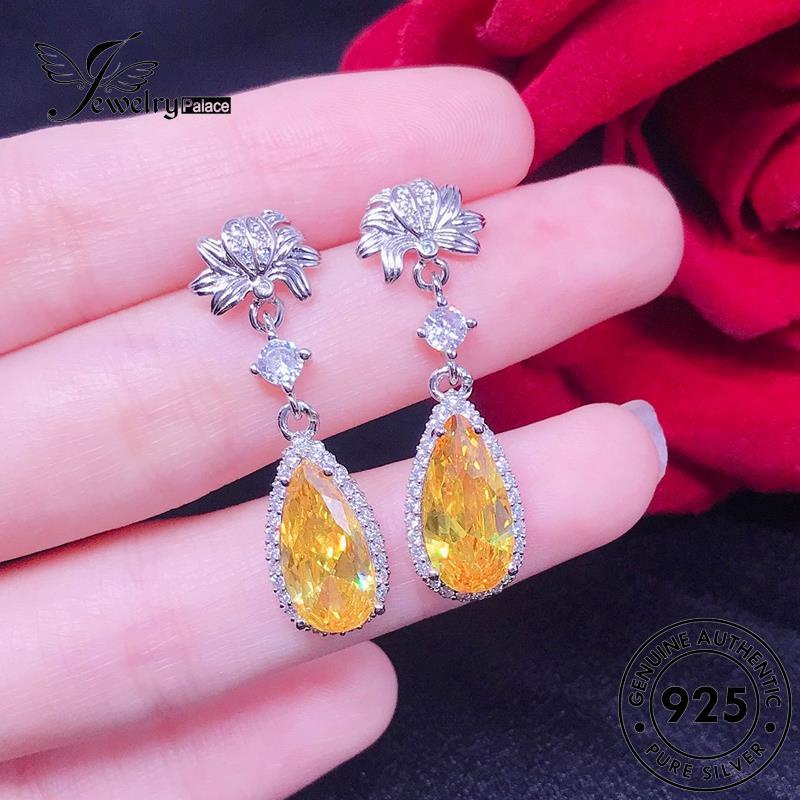 Perhiasantempat Wanita Tusuk925Asli Anting Citrine Drop Shape Silver E1031