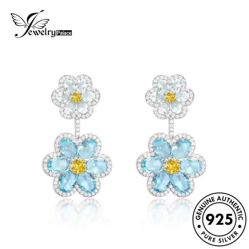 Jewelrypalace Anting Tusuk Aquamarine Double925 Wanita Bunga Perak Asli E1155