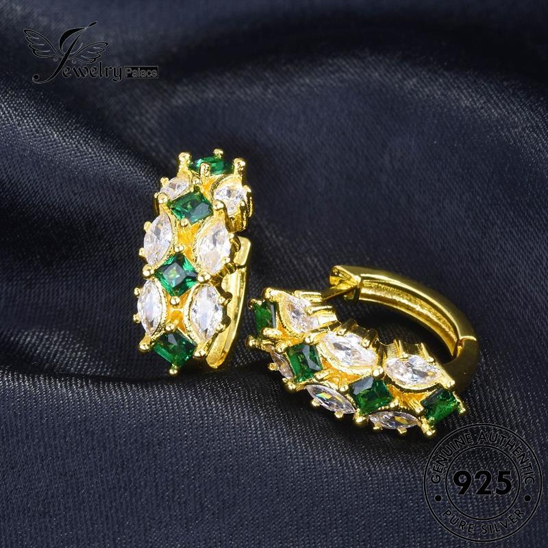 Jewelrypalace Anting Hoop Perak Kuda Wanita925Mata Emas Asli Emerald E1252