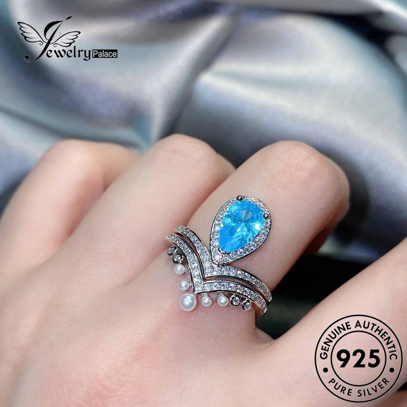 JEWELRYPALACE Personalized Perhiasan Original Silver Nikah Murni Silver korea 925 Perak Kawin Aquamarine Asli Aksesori Cincin Sterling Wanita Crown R1898