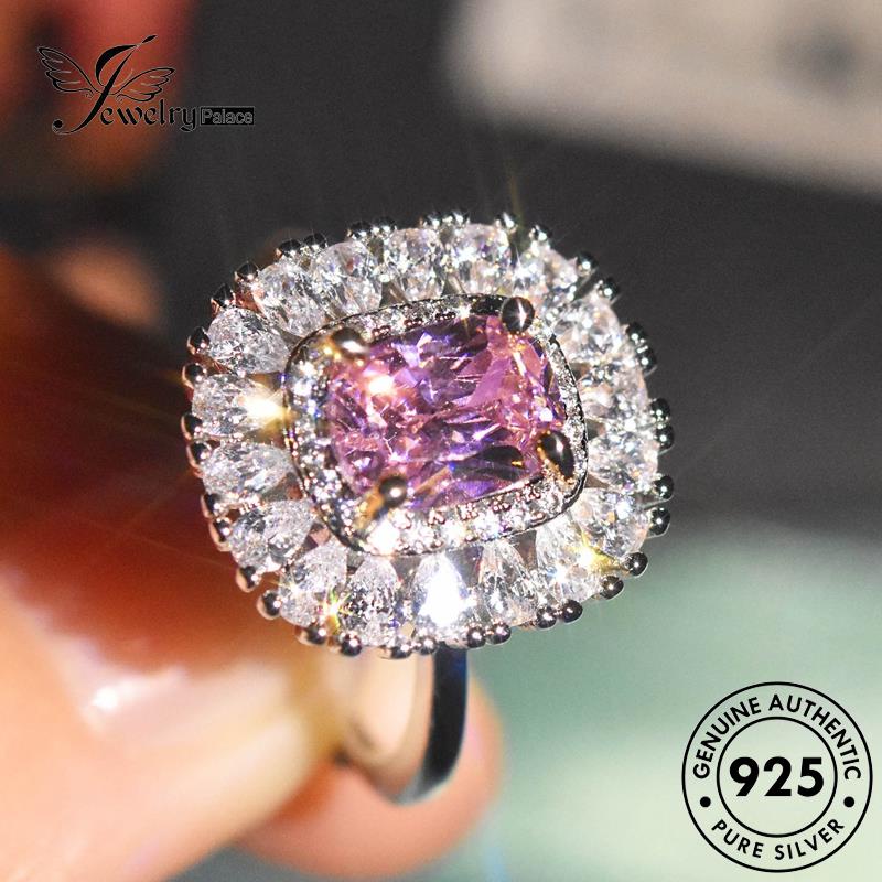 JEWELRYPALACE Cincin Murni Silver Perak Diamond 925 Crystal Nikah Temperament korea Asli Perhiasan Original Wanita Sterling Aksesori Pink Kawin Silver Square R2490