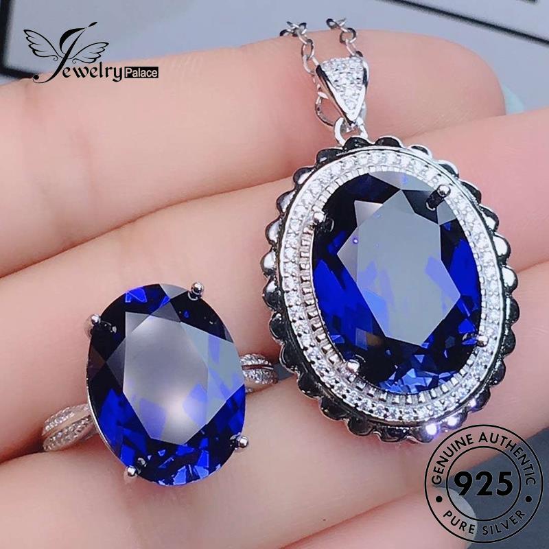 Jewelrypalace Asli Wanita Safir Telur Perak Bentuk Kalung Set Modis925 S11