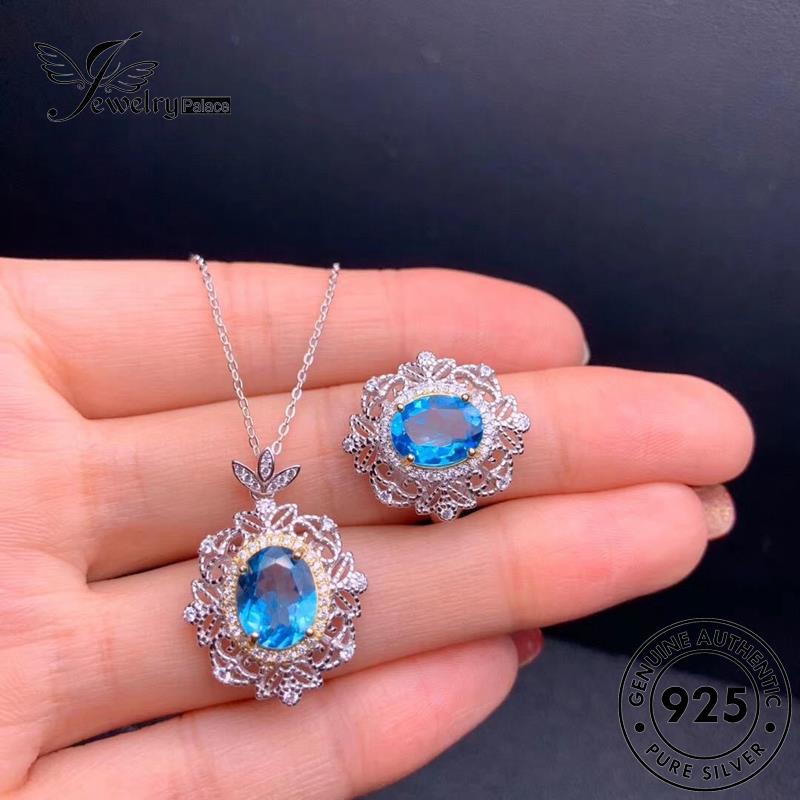 Jewelrypalace Kalung Aquamarine Set Mewah Emas Asli Wanita Perak925 S41