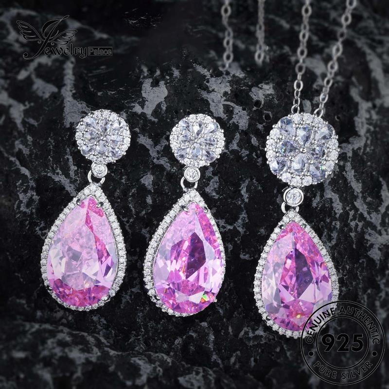 Jewelrypalace Kalung Air Droplet925 Set Pink Asli Perak Wanita Berlian Temperamen Kristal S213