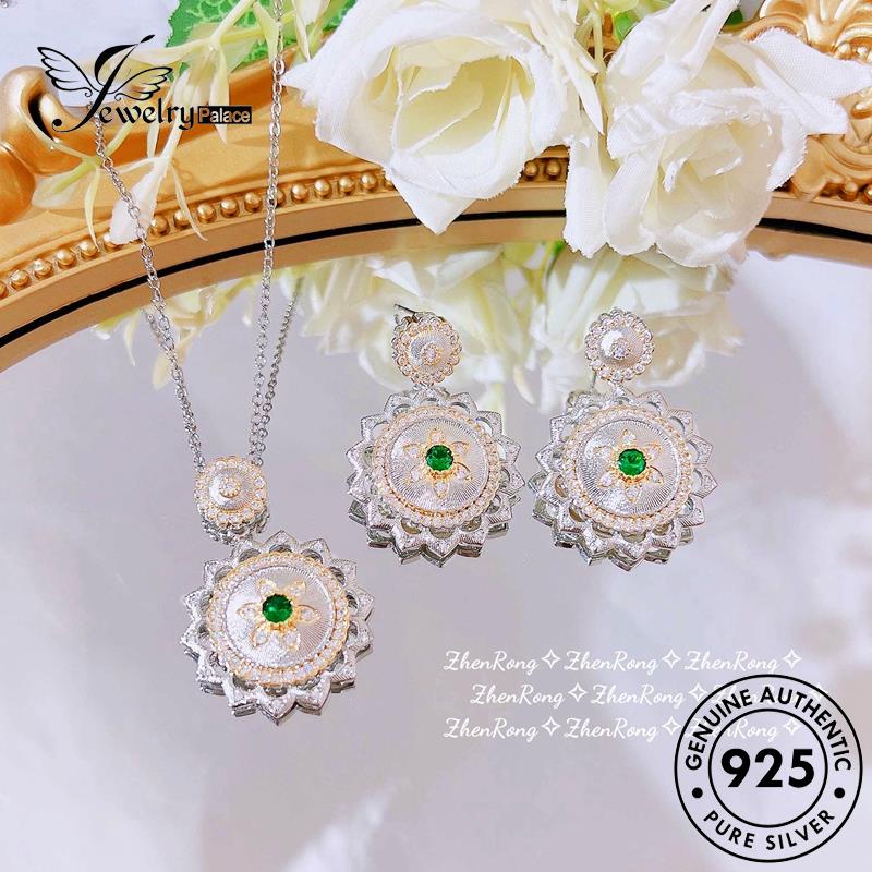 Jewelrypalace Set Emerald Perak Wanita Kalung Bunga Asli925 Retro S257