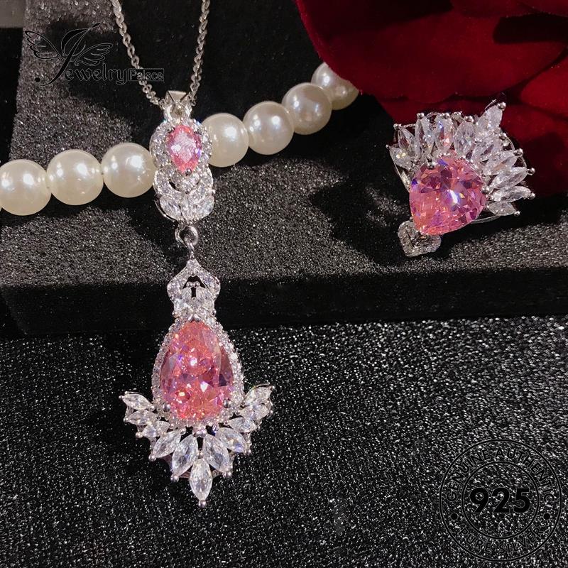 Perhiasantempat Set Wanita925Kalung Mewah Perak Berlian Asli Pink Kristal S314