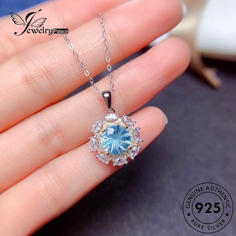 Jewelrypalace 925set Perak Asli Fashion Aquamarine Wanita Kalung Bulat S420