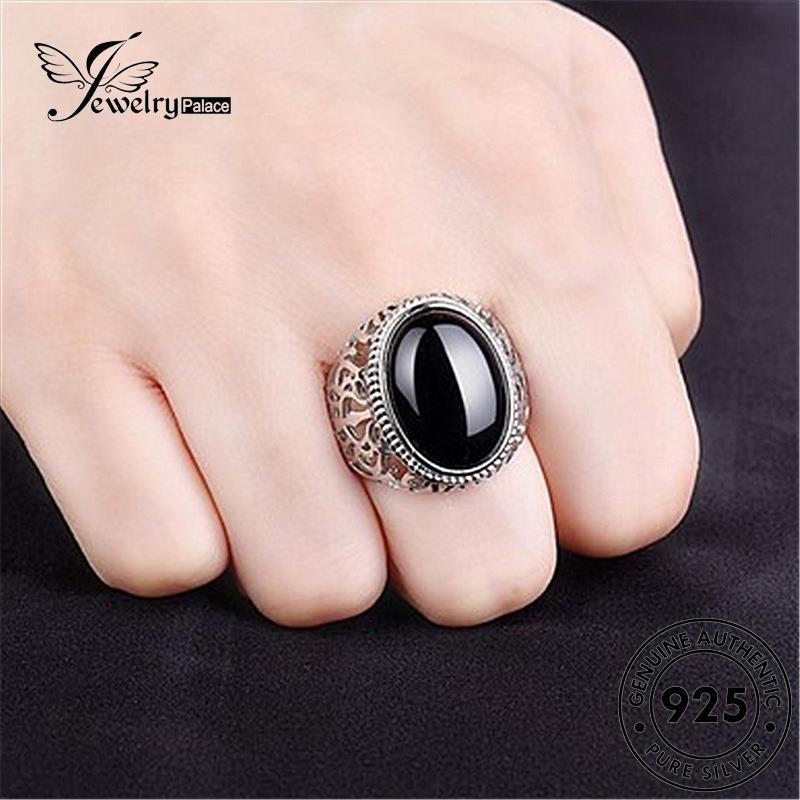 Jewelrypalace Cincin Vintage925 Asli Pria Berlian Hitam Perak Oval Obsidian R440