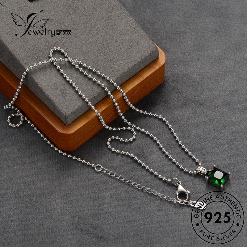 Tempat Perhiasan Wanita Asli Persegi Berlian925 Perak Emerald Kalung Simple N38