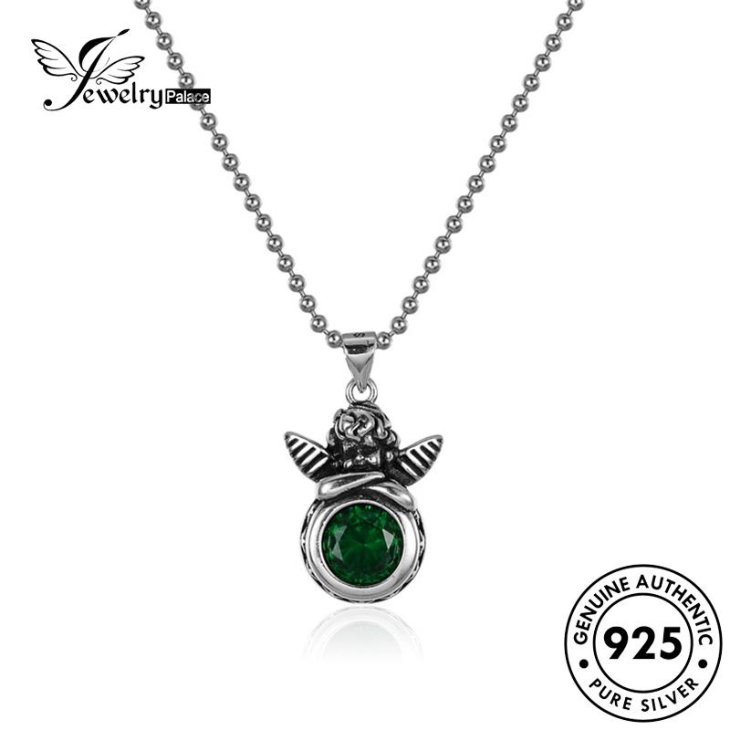 Perhiasantempat Wanita Vintage Emerald Kalung Perak Cherub Asli925 N39