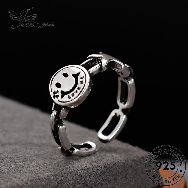 Tempat Perhiasan Wanita Smiley Retro Perak Asli Hollow Face 925cincin R34