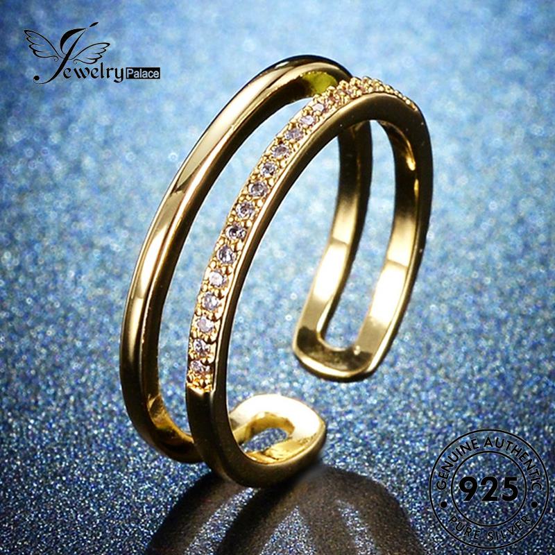 Jewelrypalace Asli925 Wanita Emas Simple Double Cincin Perak Moissanite Lapis Berlian R79