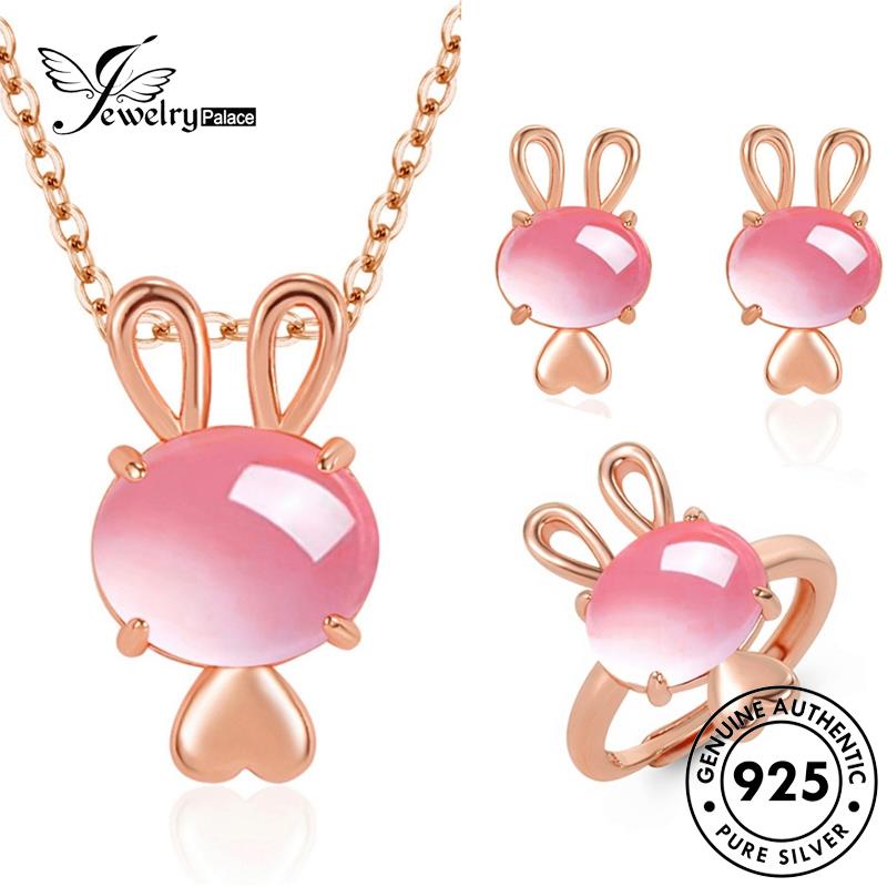 Jewelrypalace Asli925 Set Pink Bunny Emas Berlian Wanita Kristal Kalung Perak Elegan S72