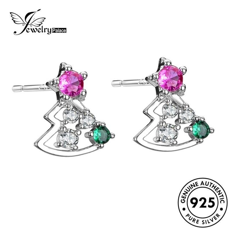 Jewelrypalace Anting Asli Pink Kristal Wanita Berlian Pohon Perak Natal925 Stud E39