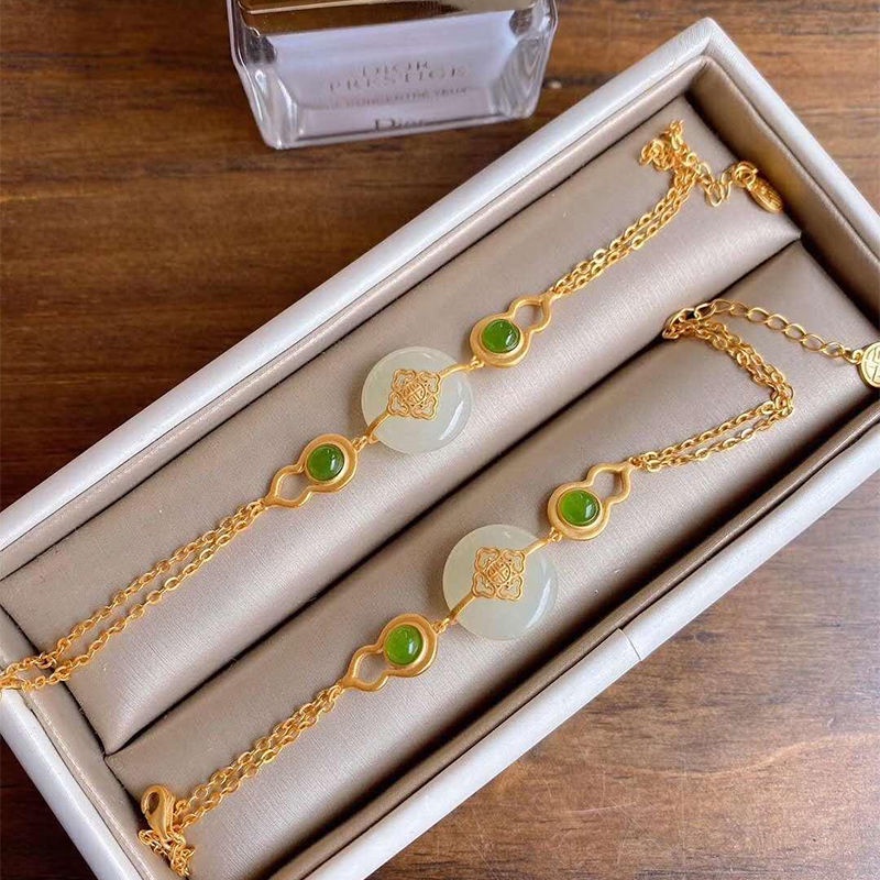 Goldkingdom Fashion Perhiasan Aksesoris Ready Stock Vintage Gaya Cina Klasik Pengadilan Klasik Fuzi Gelang Alami Hetian Giok Gelang Emas