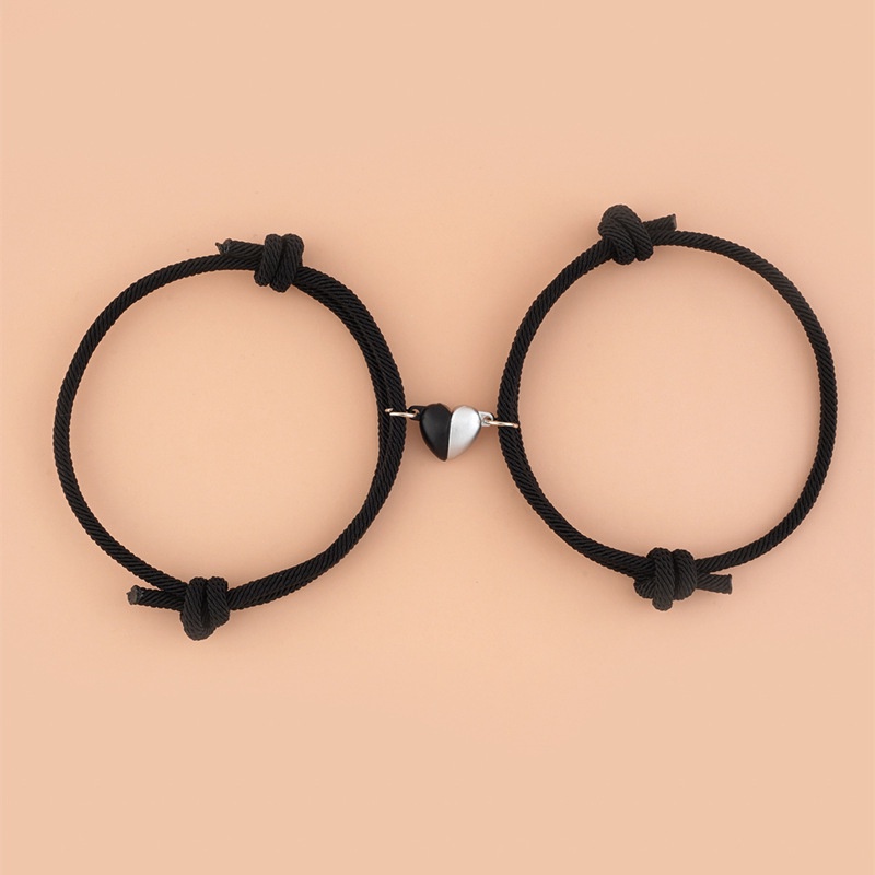 Fashion Hitam Putih Cinta Hati Dikepang Tali Gelang Pasangan Atraksi Magnetik Jantung Adjustable Bracelets BFF Jewelry