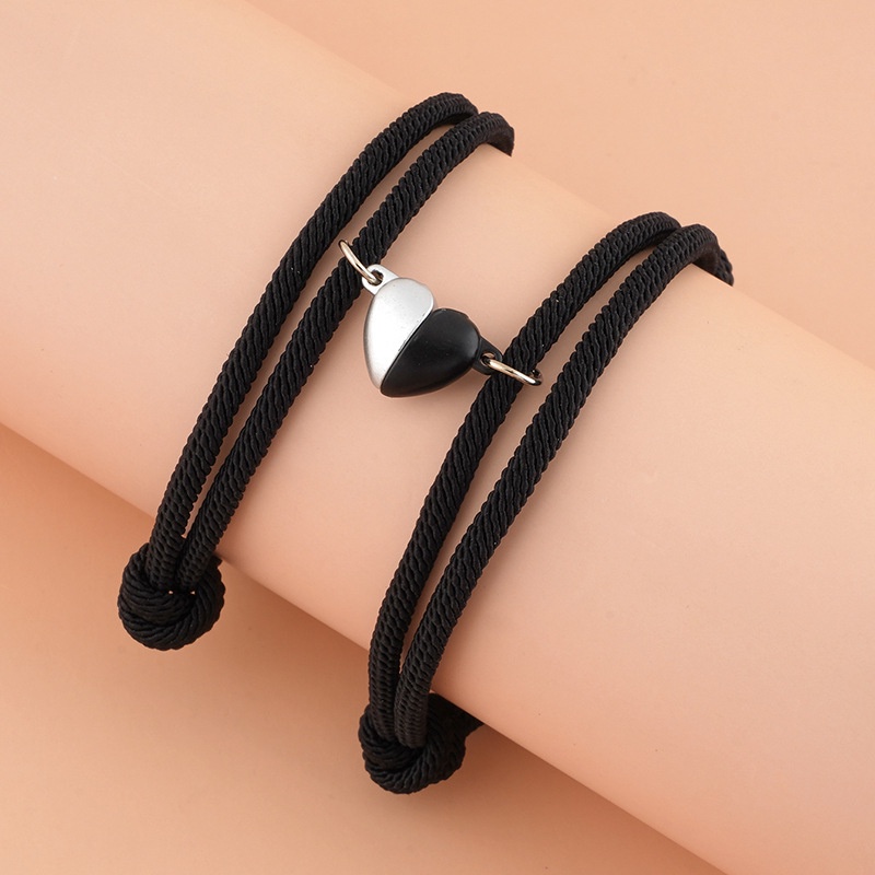 Fashion Hitam Putih Cinta Hati Dikepang Tali Gelang Pasangan Atraksi Magnetik Jantung Adjustable Bracelets BFF Jewelry