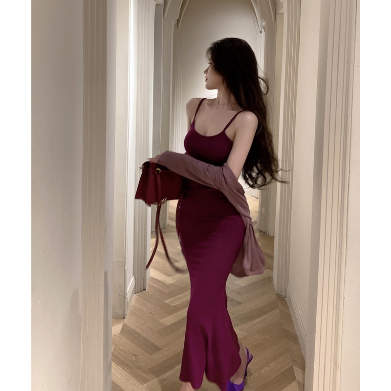 ❡Hot Gadis Sling Gaun wanita Musim Panas Ibu Tiri Gaun Backless Pinggang Sexy Fishtail Long Dress Paket Hip Rok Ramping