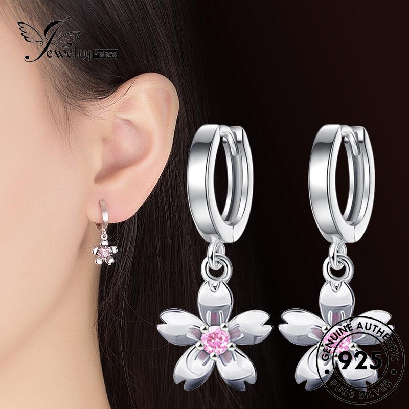 Jewelrypalace Hoop Bunga Wanita Pink Kristal Perak Berlian Simple925 Anting Asli E382