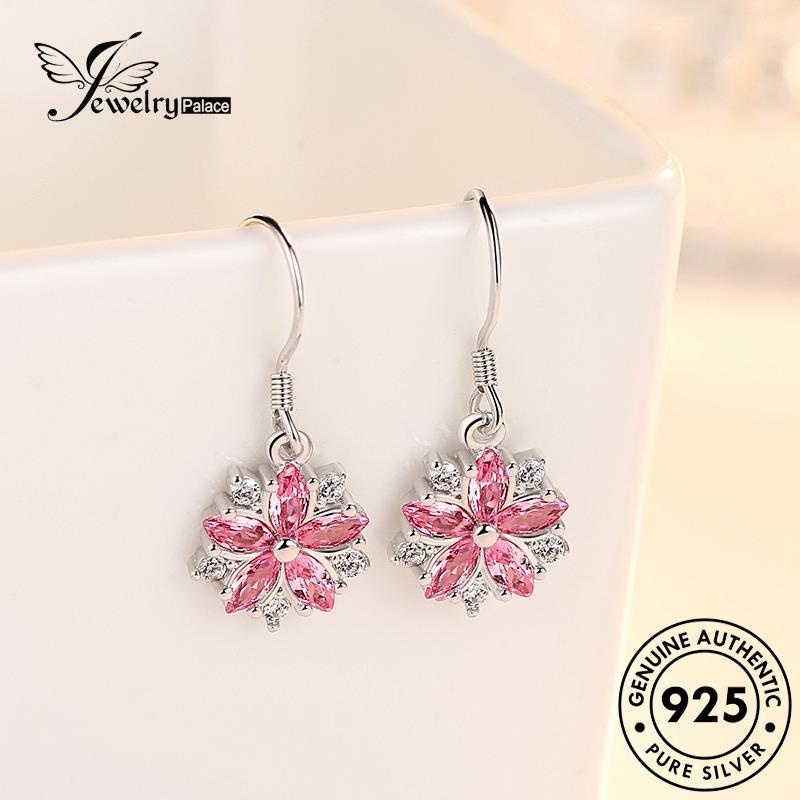 Jewelrypalace Kecil Perak Berlian Bunga Segar Asli Anting925 Kristal Wanita Hook Pink E546