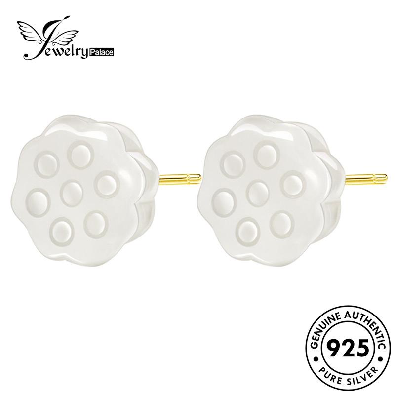 Jewelrypalace Anting Tusuk925 Emas Perak Lotus Giok Asli Wanita Fashion E719