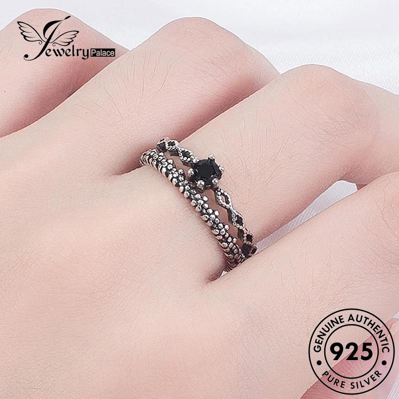 Jewelrypalace Cincin Rantai Wanita Perak925 Hitam Berlian Asli Vintage Obsidian R150