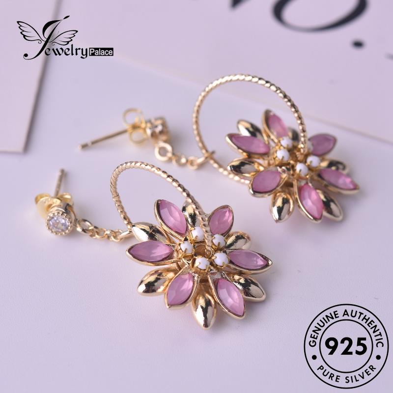 Jewelrypalace Kristal Berlian The Pink Asli Wanita925 Emas Perak Bunga Anting Stud E113