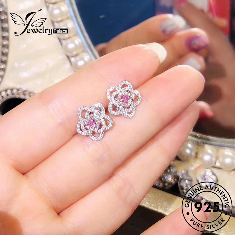 Jewelrypalace Kelopak Perak Berlian Pink Stud Kristal Asli925 Wanita Anting Bunga E964