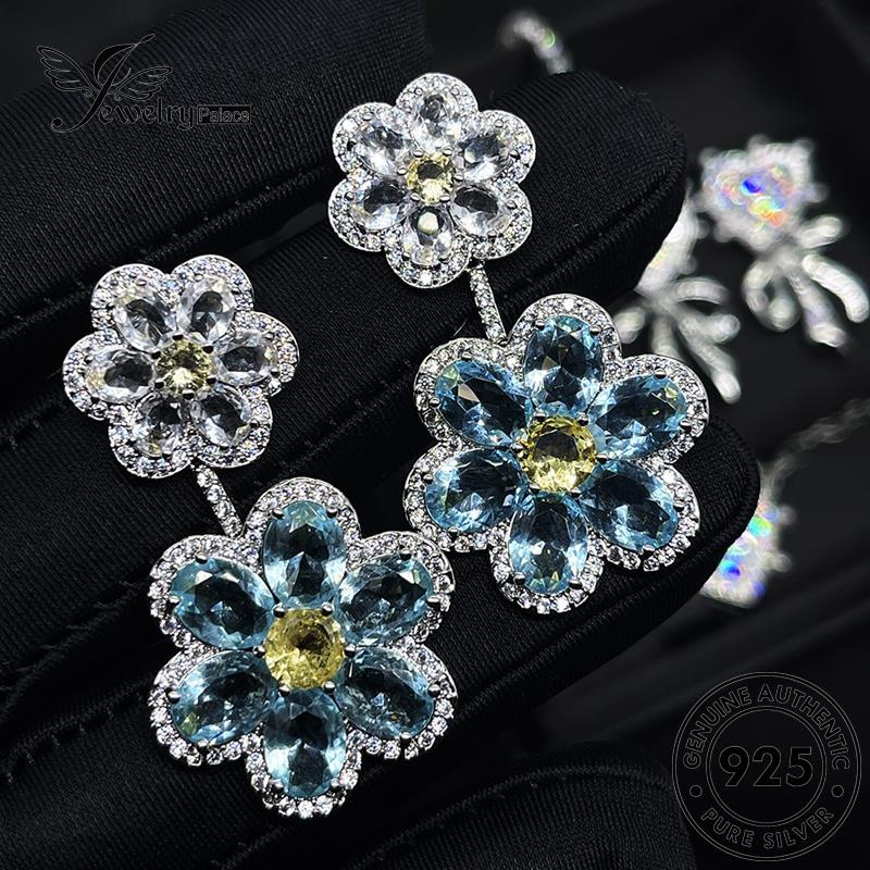 Jewelrypalace Anting Tusuk Aquamarine Double925 Wanita Bunga Perak Asli E1155