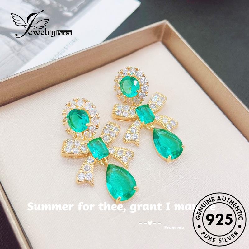 Jewelrypalace Stud Wanita925 Anting Emerald Ikat Asli Busur Perak E1239