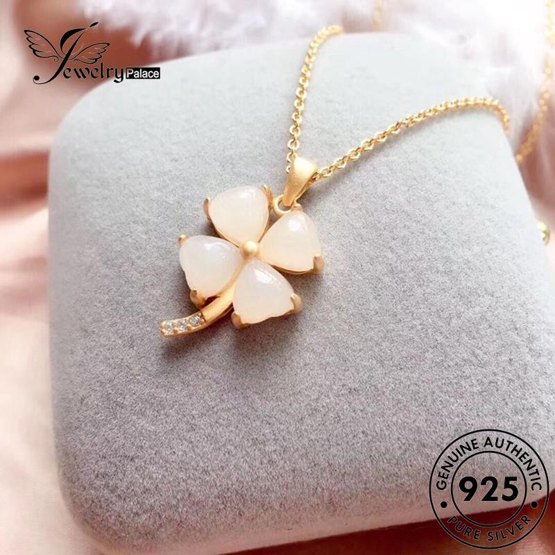 Jewelrypalace Daun Simple Asli Wanita Clover Kalung Giok Empat Perak925 N93