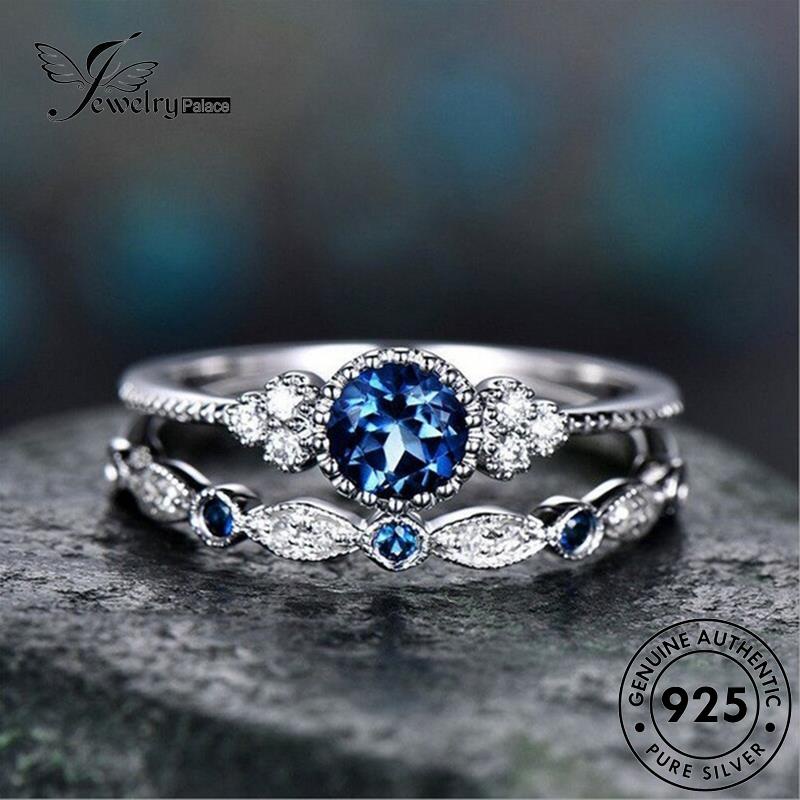 JEWELRYPALACE Retro Silver Perhiasan Kawin Round Pasangan Murni Couple Aksesori korea Asli Cincin Sapphire Silver 925 Perak Original Sterling Nikah R3