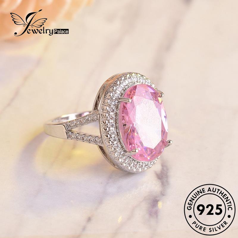 JEWELRYPALACE Asli Perhiasan Murni 925 korea Silver Nikah Cincin Silver Perak Pink Diamond Sterling Kawin Original Crystal Oval Aksesori Temperament Wanita R673