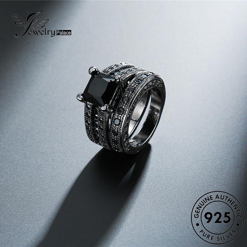 JEWELRYPALACE Pasangan Asli Aksesori Square Silver Obsidian Sterling korea Perhiasan Murni Diamond Perak Original Couple 925 Personality Kawin Nikah Silver Black Cincin R725