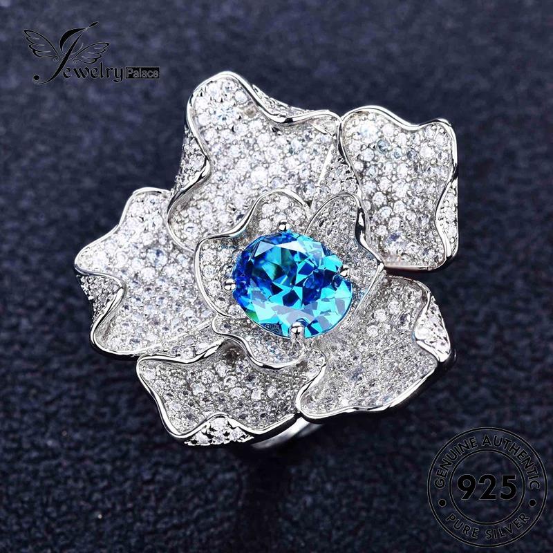 JEWELRYPALACE Personality korea Sterling Aquamarine 925 Murni Kawin Original Asli Cincin Perhiasan Flower Aksesori Wanita Silver Nikah Silver Perak R1893