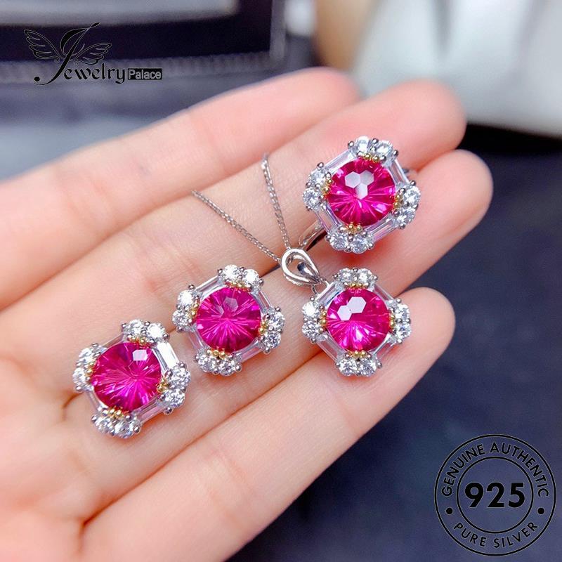 Jewelrypalace Kalung Perak Asli Pink Kristal Temperamen Wanita Berlian925 Set S113