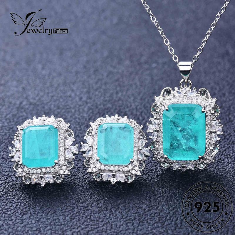 Jewelrypalace Kalung Perak Asli925 Set Kreatif Wanita Berlian Kotak Aquamarine S157