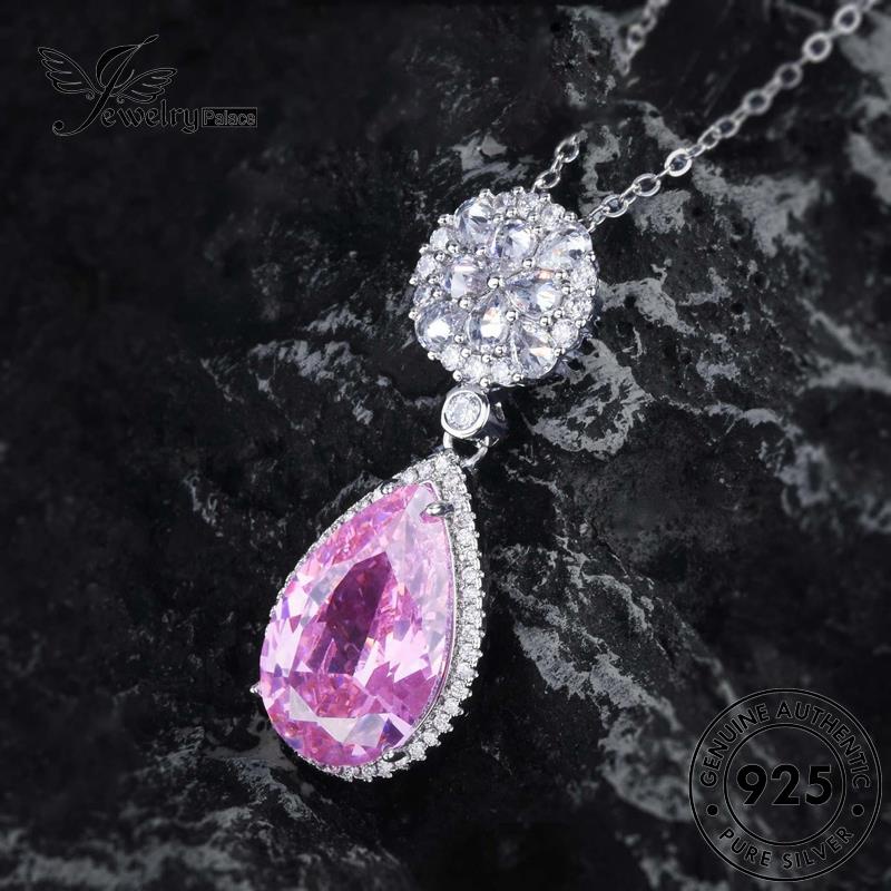 Jewelrypalace Kalung Air Droplet925 Set Pink Asli Perak Wanita Berlian Temperamen Kristal S213