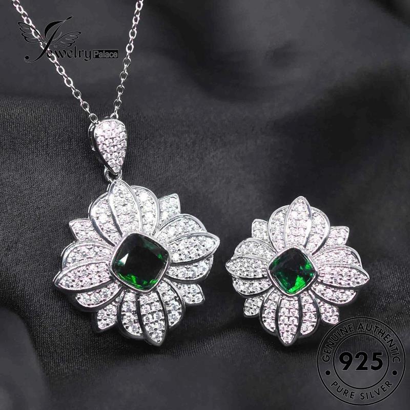 Jewelrypalace Kalung Wanita Kreatif Asli Kelopak Zamrud Perak925 Set S252