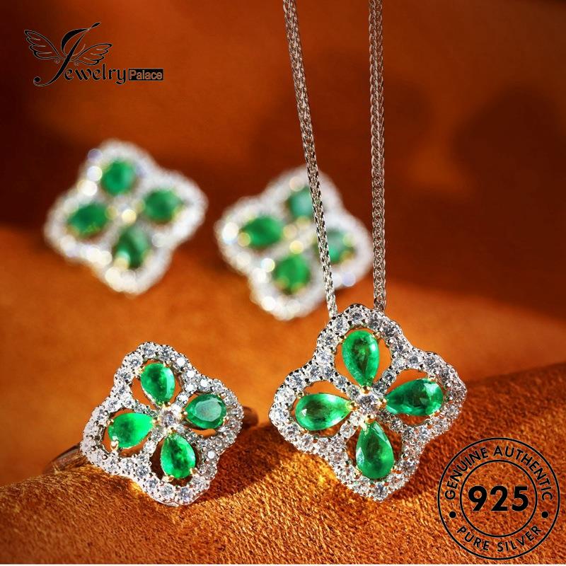 Jewelrypalace Emerald Original Wanita Clover Set Kalung Perak Fashion925 S316