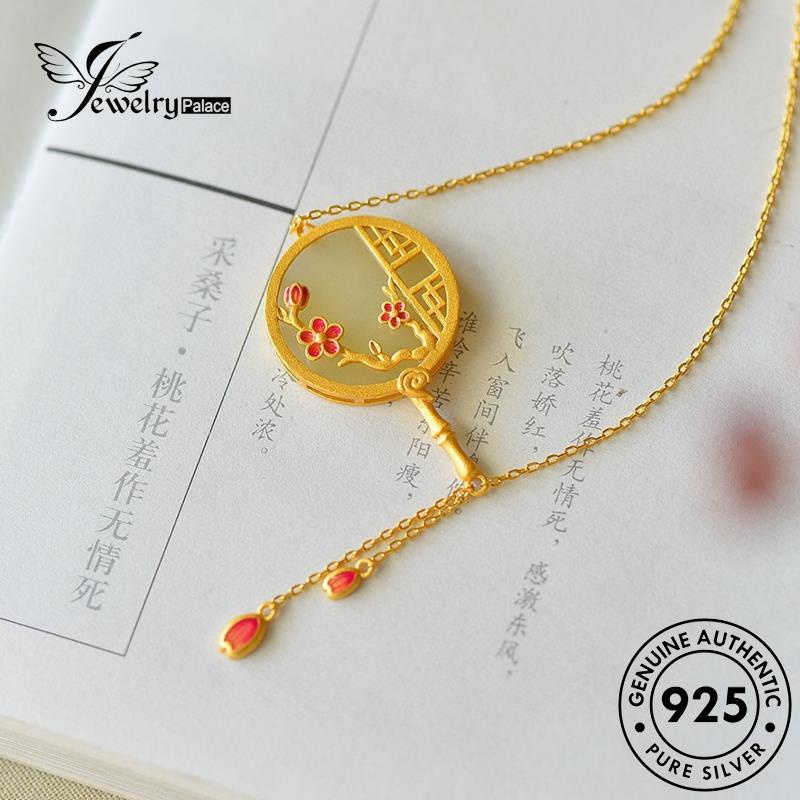 Set Perhiasanpalace Asli Wanita Perak Retro Kalung Giok Kipas925 S297