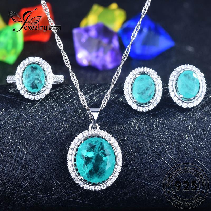 Jewelrypalace925 Set Telur Wanita Bentuk Asli Aquamarine Vintage Kalung Perak S344