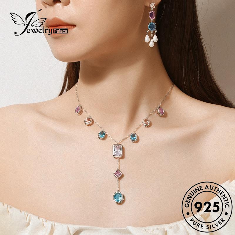 Perhiasantempat Wanita Kalung Set Asli Manis925 Perak Aquamarine S461