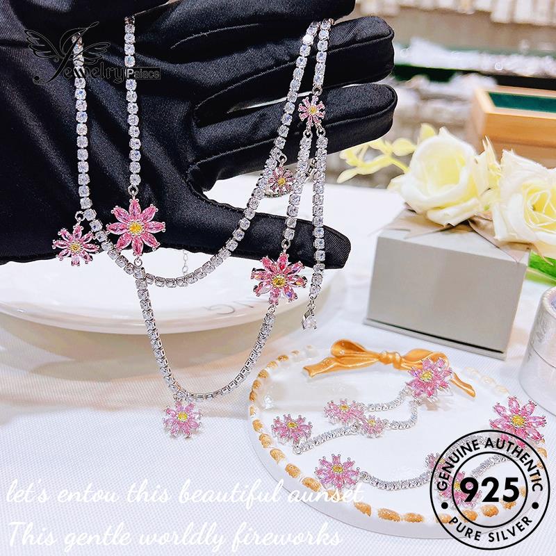 Jewelrypalace Little Silver Original Set Kristal Pink Wanita Berlian925 Kalung Daisy S496